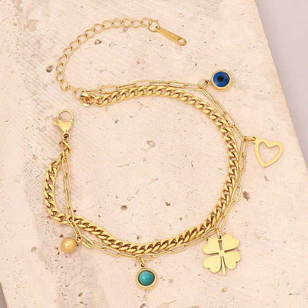 Anti Tarnish Clover themed Evil Eye Charm Bracelet