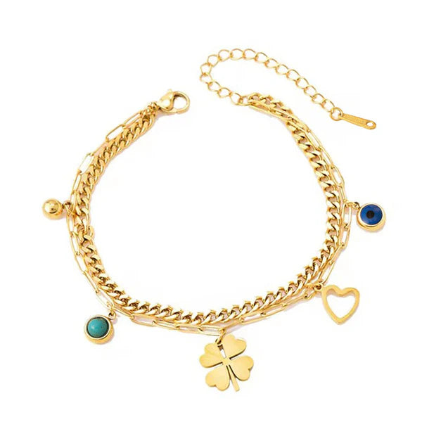 Anti Tarnish Clover themed Evil Eye Charm Bracelet