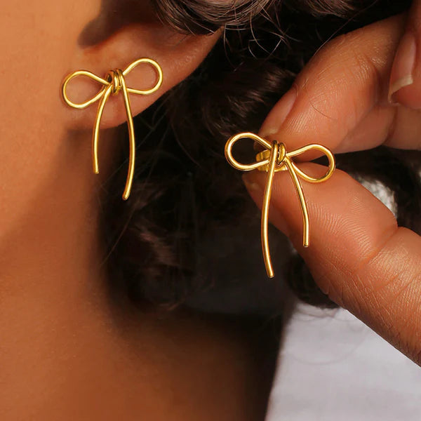 Anti Tarnish Gold Plated Stainless Steel Anti Tarnish Bow Themed Drop Earrings