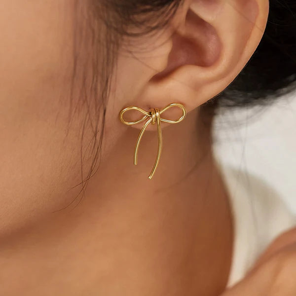 Anti Tarnish Gold Plated Stainless Steel Anti Tarnish Bow Themed Drop Earrings