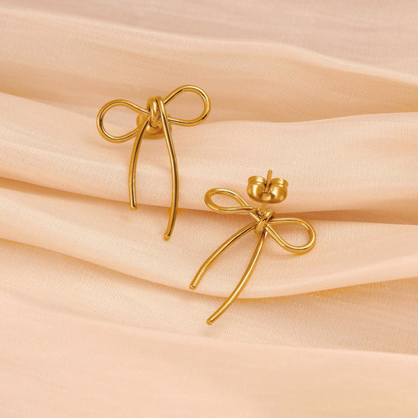 Anti Tarnish Gold Plated Stainless Steel Anti Tarnish Bow Themed Drop Earrings